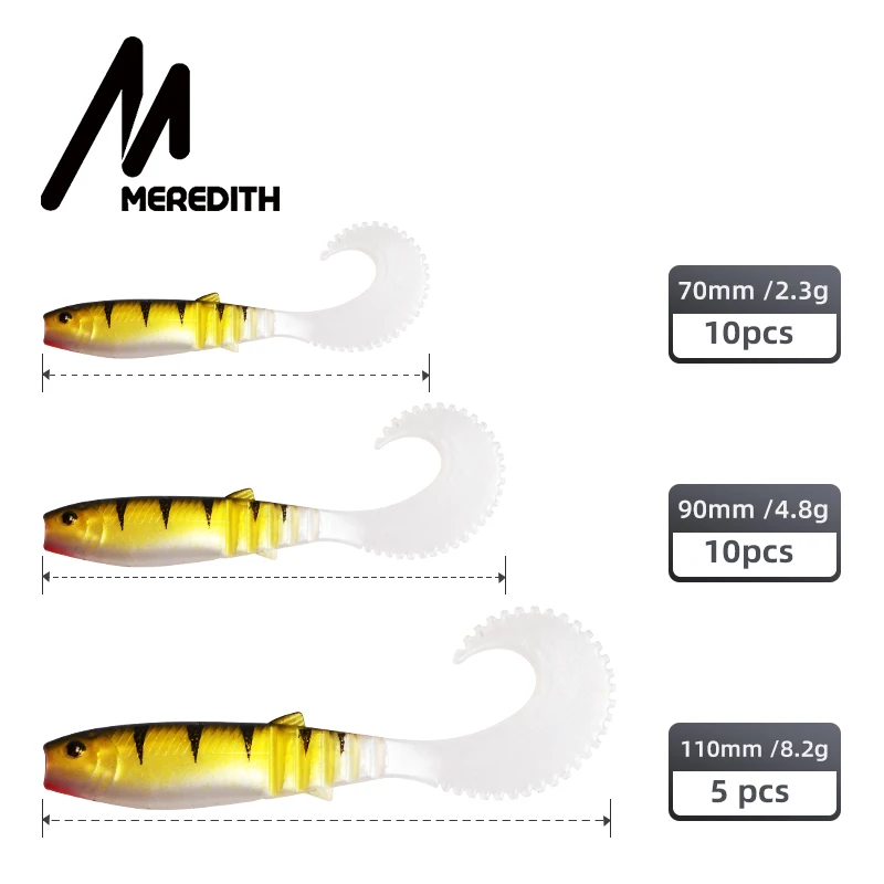 MEREDITH 70mm 90mm 110mm Cannibal Curved Tail Artificial Wobblers Fishing Lures Soft Baits Silicone Shad Worm Bass lure souple