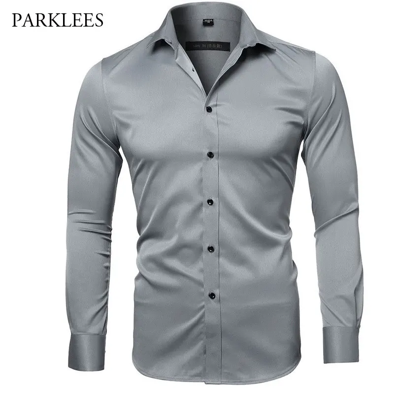 Gris elástico de fibra de bambú camiseta de la marca de los Hombres Nuevo manga larga camisas de vestir para hombre no de hierro mantenimiento fácil trabajo de negocios Chemise Homme XXL