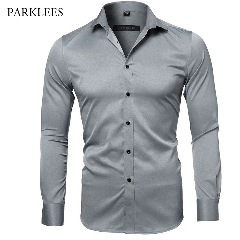 Camisa de fibra bambú gris para hombre camisas vestir de manga larga para hombre camisas de trabajo de negocios de fácil cuidado sin planchar|Camisas informales| - AliExpress