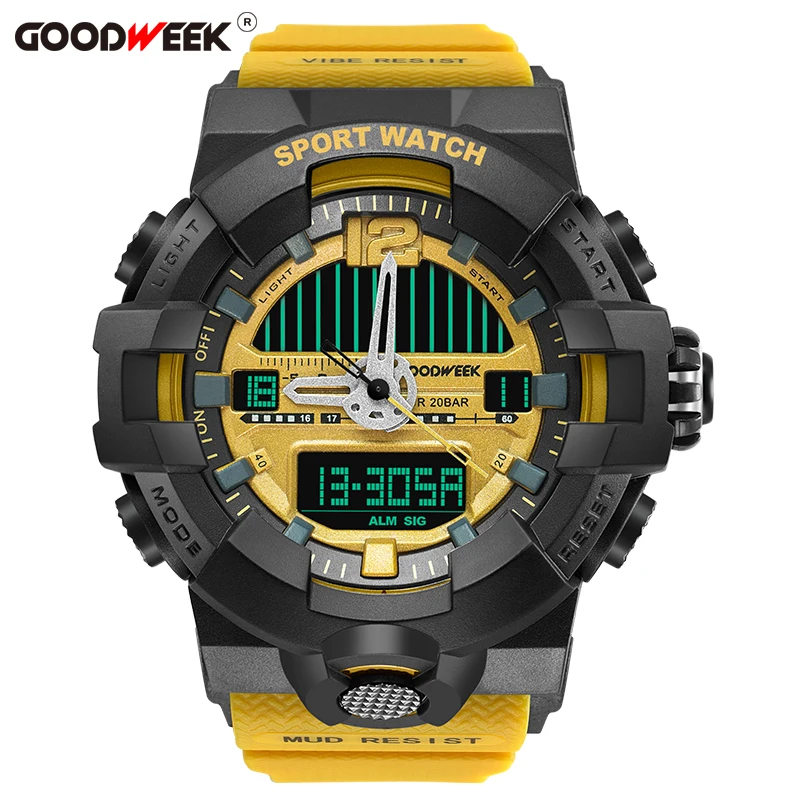 GOODWEEK мужские спортивные часы водонепроницаемые военные часы с двойным дисплеем мужские часы аналогово-цифровые кварцевые наручные часы - Цвет: yellow