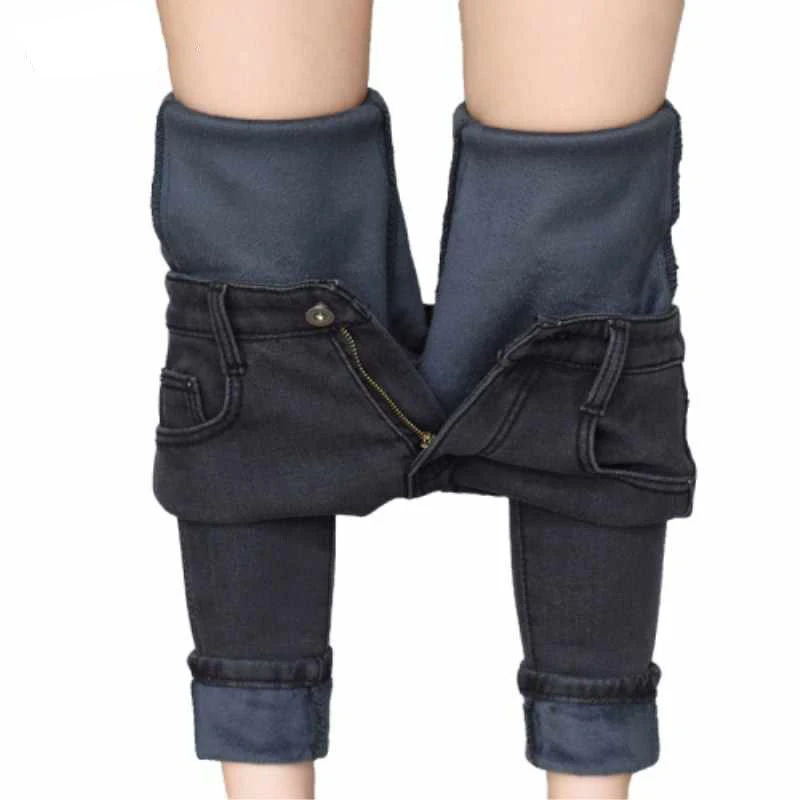 Winter Warm Jeans Women Elastic High Waist Denim Pants Female Trousers Soft Thickened Black Velvet Jeans Fleece Long Pants