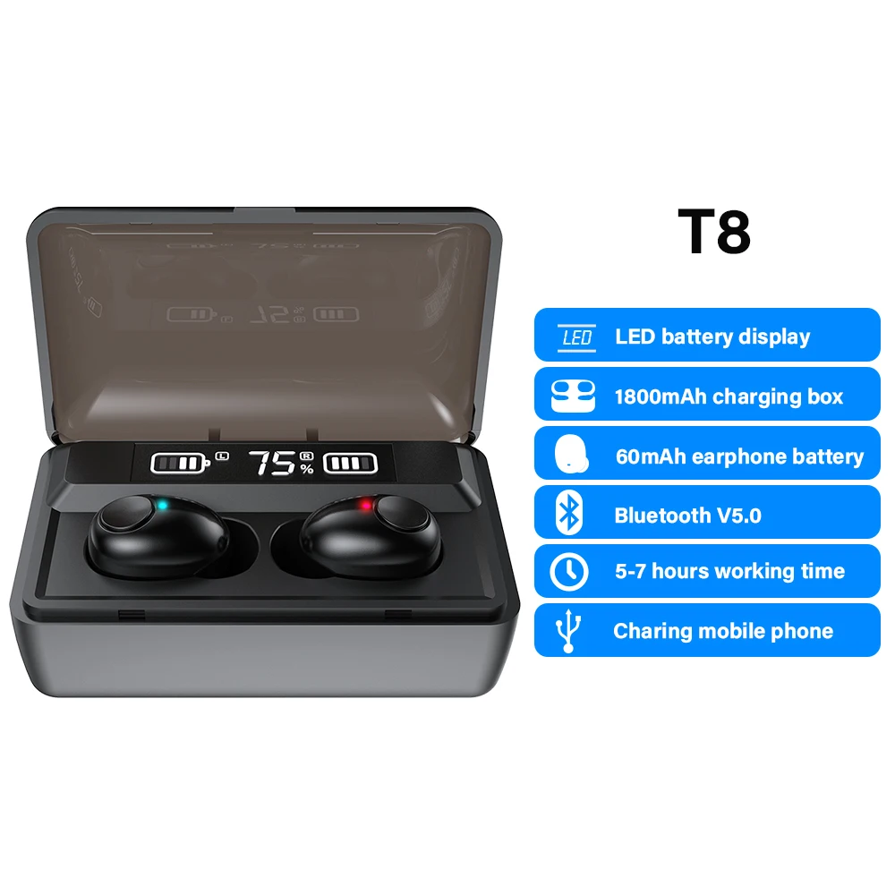 DACOM T8 беспроводные наушники бас Bluetooth 5,0 Водонепроницаемые Мини настоящие Tws наушники с 1800 мАч Внешний аккумулятор светодиодный дисплей - Цвет: Dacom T8 Black