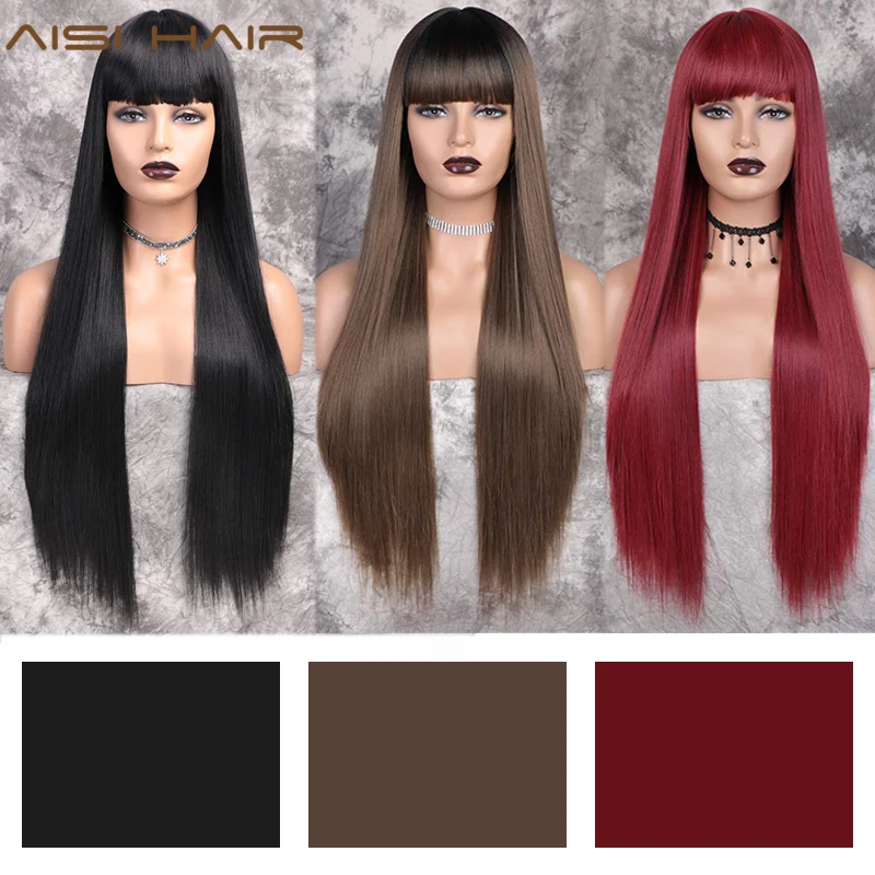 AISI HAIR длинный черный прямой парик с челкой синтетические парики для женщин
