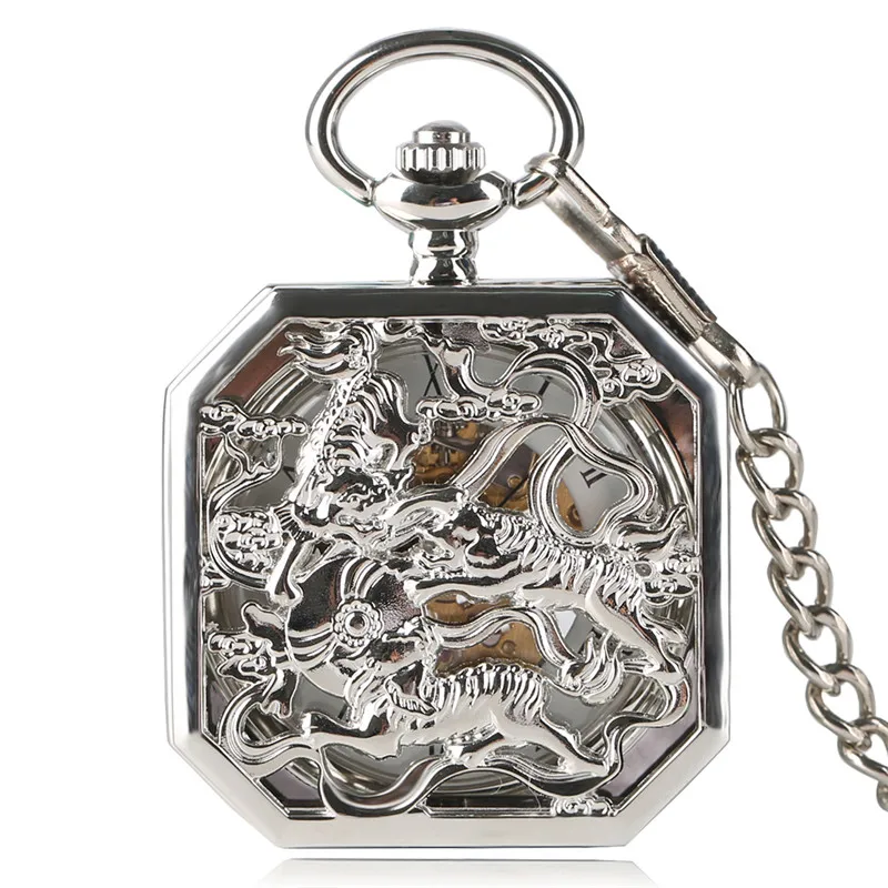 Exquisite Silver Double Tiger Pendant Pocket Watch Men Hollow Carving Hand Winding Mechanical Watch Fob Chain Collectable Clock