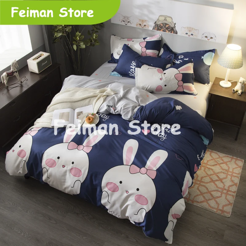 

New Family Kids Bed Linens Cartoon Rabbit Twin Full Queen King Size Flat Bed Sheet Pillowcase & Duvet Cover Set