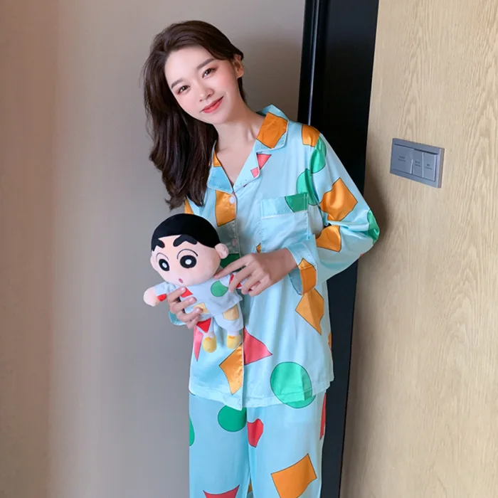 

Korean-style Spring Pajamas Women's Imitated Silk Fabric Cardigan Fold-down Collar Printed Long Sleeve Trousers Home Wear Two-Pi