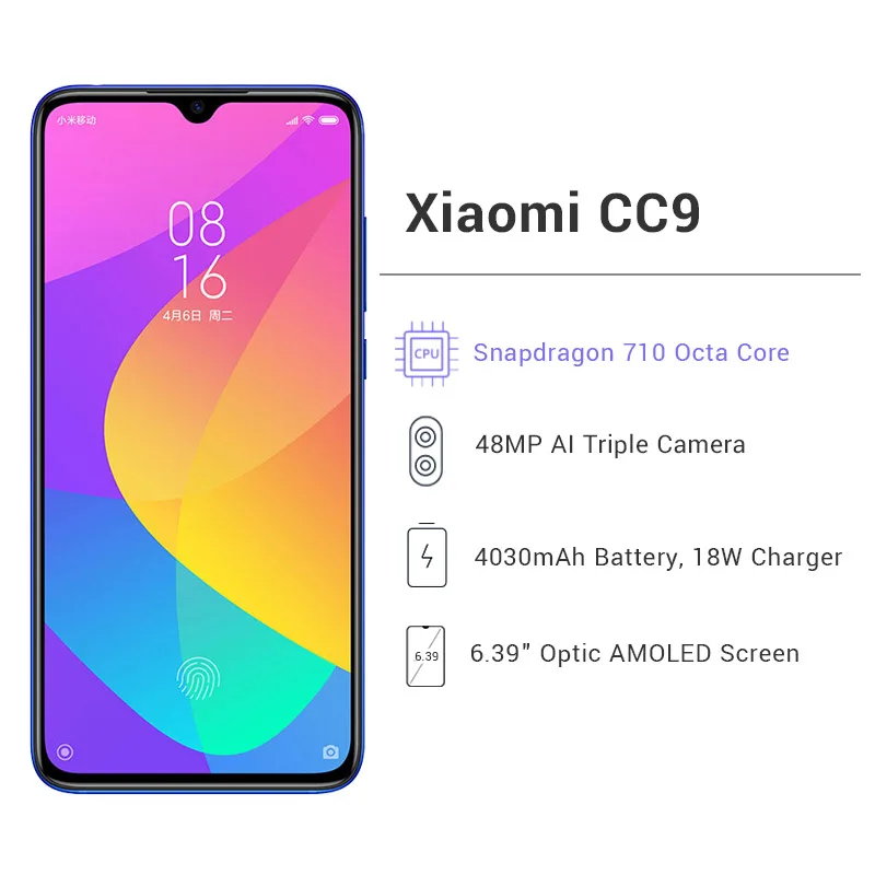 Глобальная ПЗУ Xiaomi Mi CC9 CC 9 6 ГБ ОЗУ 64 Гб ПЗУ мобильный телефон Snapdragon 710 48MP Тройная+ 32MP фронтальная камера 6,3" полный экран