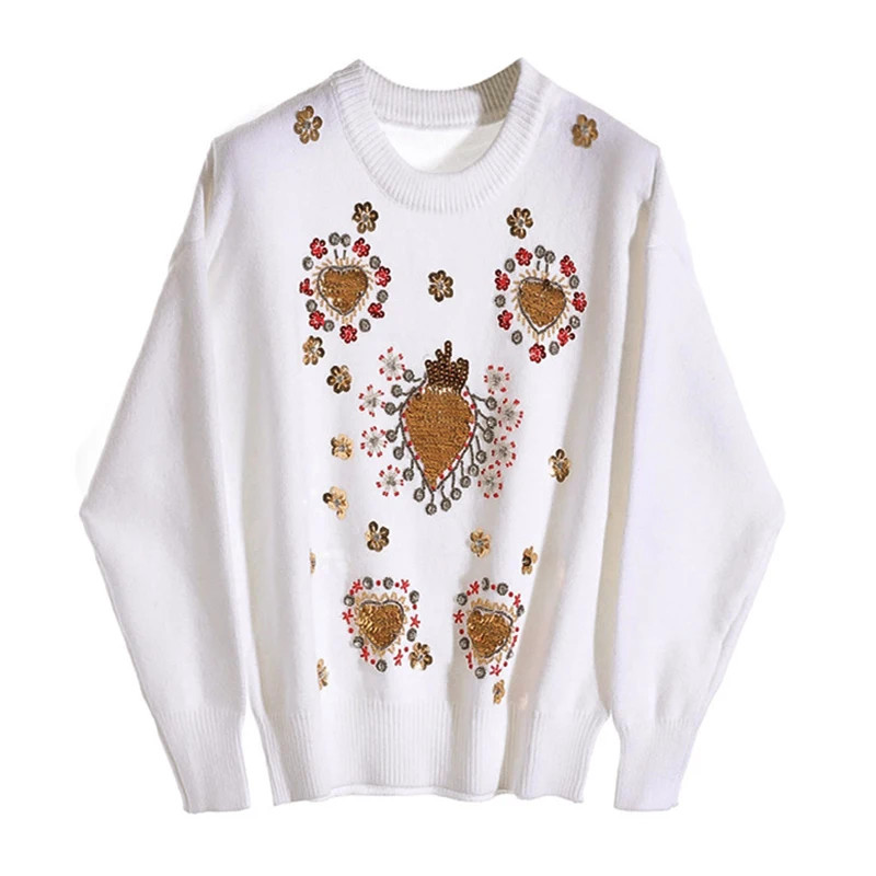 Ivory white AELESEEN Новое поступление весна Высокое качество Вязание Для женщин взлетно-посадочной полосы дизайн, расшитые блестками, с клубничным рисунком, роскошный свитер «Diamonds» - Цвет: Ivory white