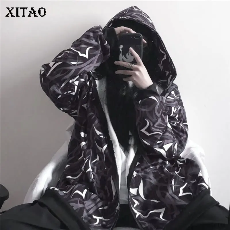 XITAO Harajuku стильная куртка с капюшоном и принтом женская уличная трендовая куртка на молнии плюс бархатного размера плюс осенне-зимнее женское пальто DMY1072
