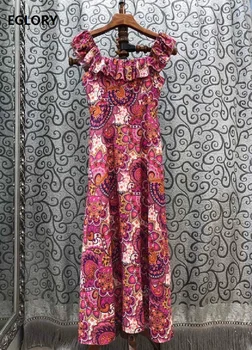 

100%Linen Long Dress 2020 Summer Women Sexy Square Collar Vintage National Style Print Ruffle Deco Sleeveless Long Maxi Dress