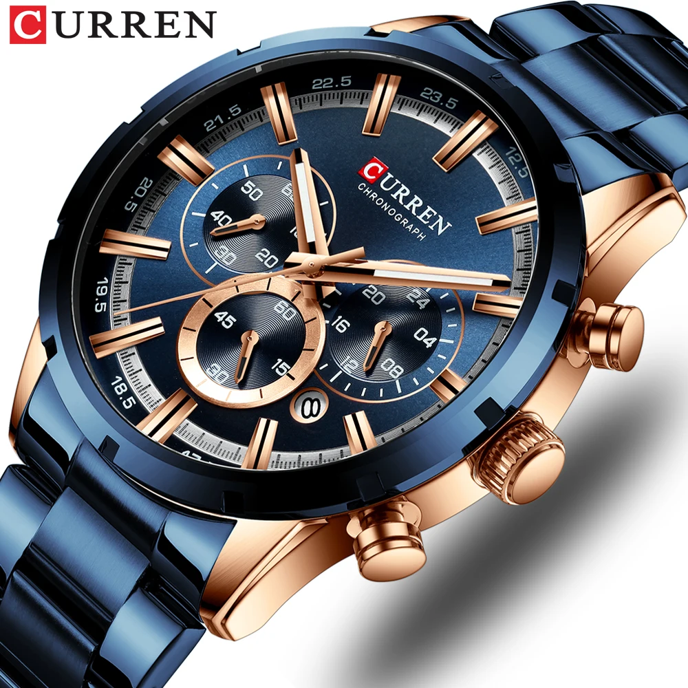 Curren Мужские часы с синим циферблатом, нержавеющая сталь, ремешок с датой, мужские деловые часы, водонепроницаемые Роскошные мужские наручные часы для мужчин