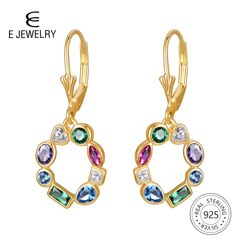 

E Jewelry Real 925 Sterling Silver Round Drop Earrings for Women Gold Plated Color Cubic Zirconia Heart Leverback Dangle Ears