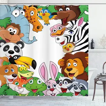 

Nursery Shower Curtain, Wild Jungle Animals Tropical Fauna Family Theme Happy Faces in Cartoon Style Comic, Cloth Fabric
