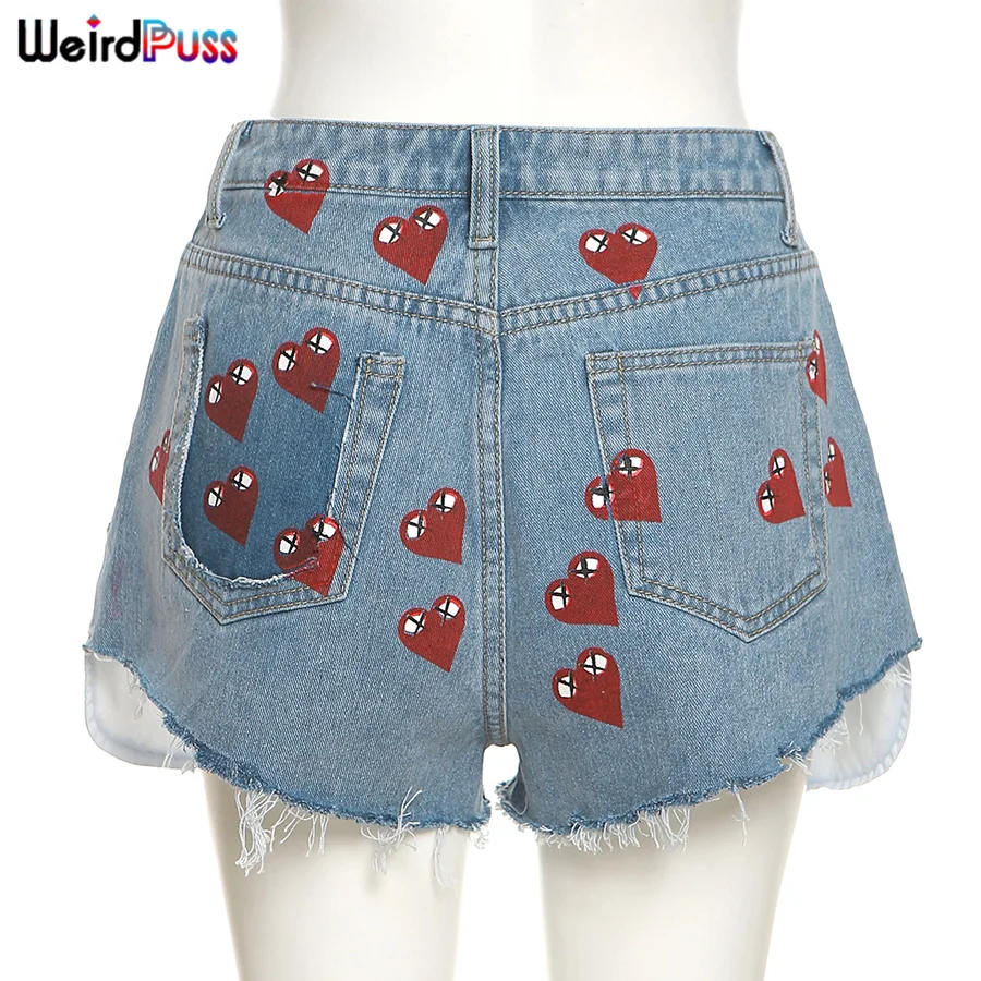 Weird Puss Sexy Heart Print Jean Shorts Women Casual Summer Fashion 2021 Streetwear Fur-Lined Leg-Openings Denim Booty Shorts khaki shorts