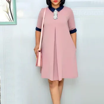 

African Fashion Plus Size Dress Women Pink Half Sleeve A-line Knee-length Midi Elegant Office Lady Loose Casual Dress 2020