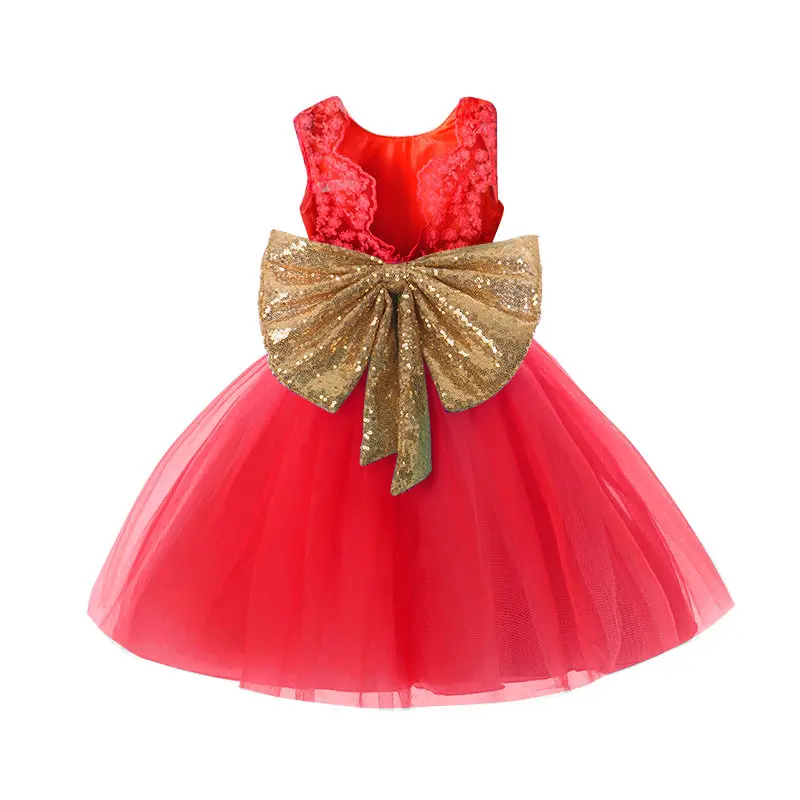 Платье принцессы для девочек детская одежда с v-образным вырезом с низким вырезом на спине большой бант, узор в виде цветов, платье для малышей, для маленьких девочек 1 год Праздничная одежда vestidos для детей infantil - Цвет: Red