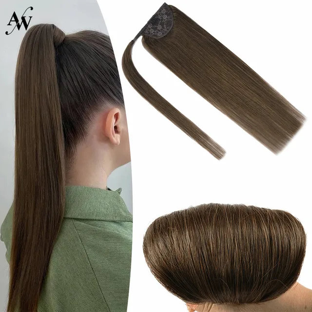 AW 12''-24'' Ponytail Human Hair Wrap Around Machine Remy Hair Extensions Brazilian Hair Extensions Clip Ins Blonde Brown Color #6