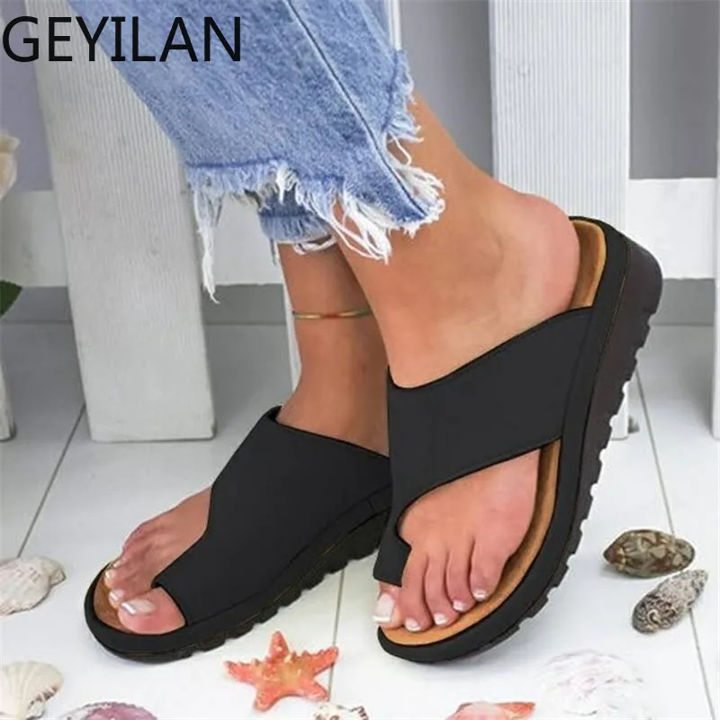 

Women PU Leather Platform slippers women Comfortable Single Flat Sole Soft Ladies Finger Large Toe Orthodic Corrective Slides