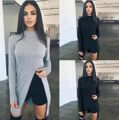 Сексуальный свитер женский Топ с длинным рукавом вязаный высоким воротником
