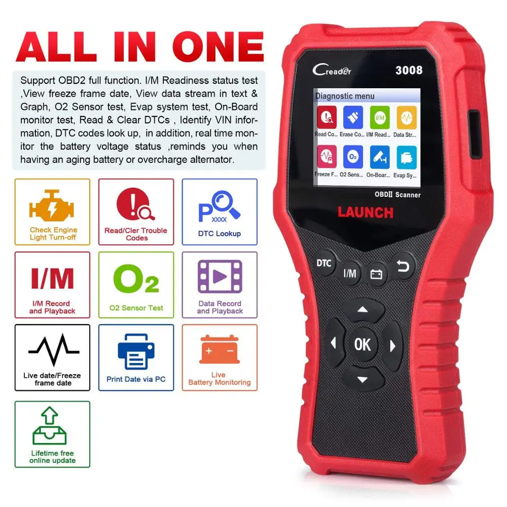LAUNCH X431OBD2 считыватель кодов CR3008 полный Obd2 режим сканер печать диагностический отчет проверка двигателя прямые данные бесплатное обновление PK KW850