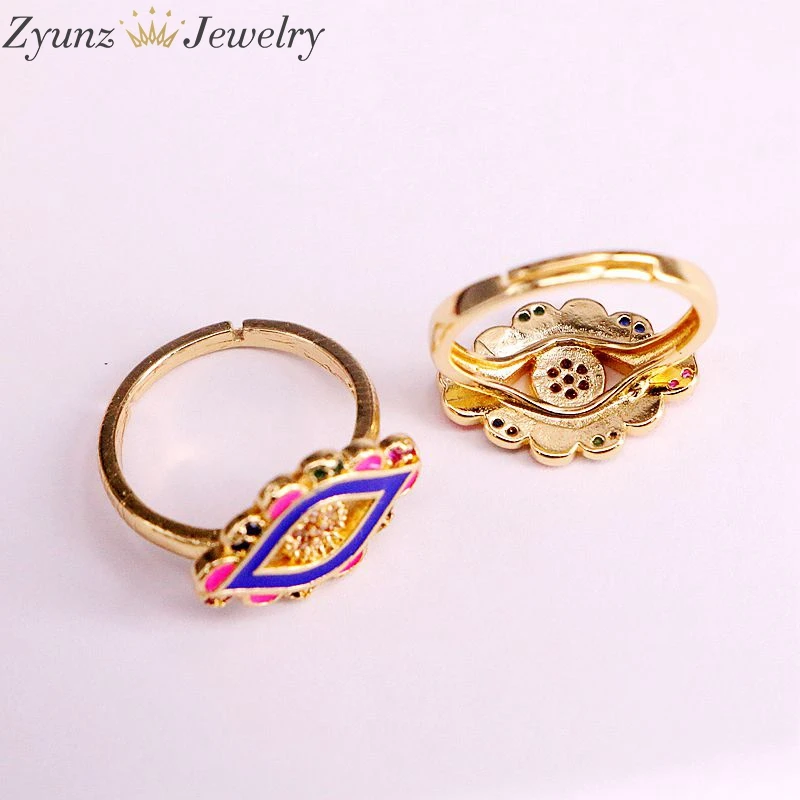 10PCS, Fashion Oval Eye Shape CZ Micro Pave Enamel Open Band Women Rings Adjustable Fashion Jewelry