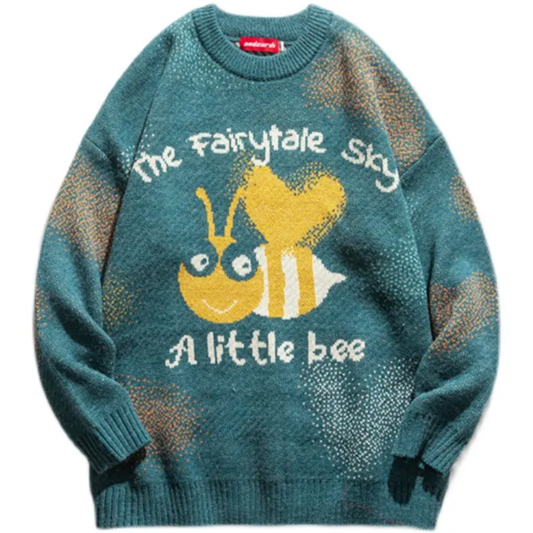 

Men Streetwear Harajuku Sweater Vintage Japanese Style Cartoon Bee Pattern Knitted Sweater Men Cotton Pullover Unisex 2021Autumn
