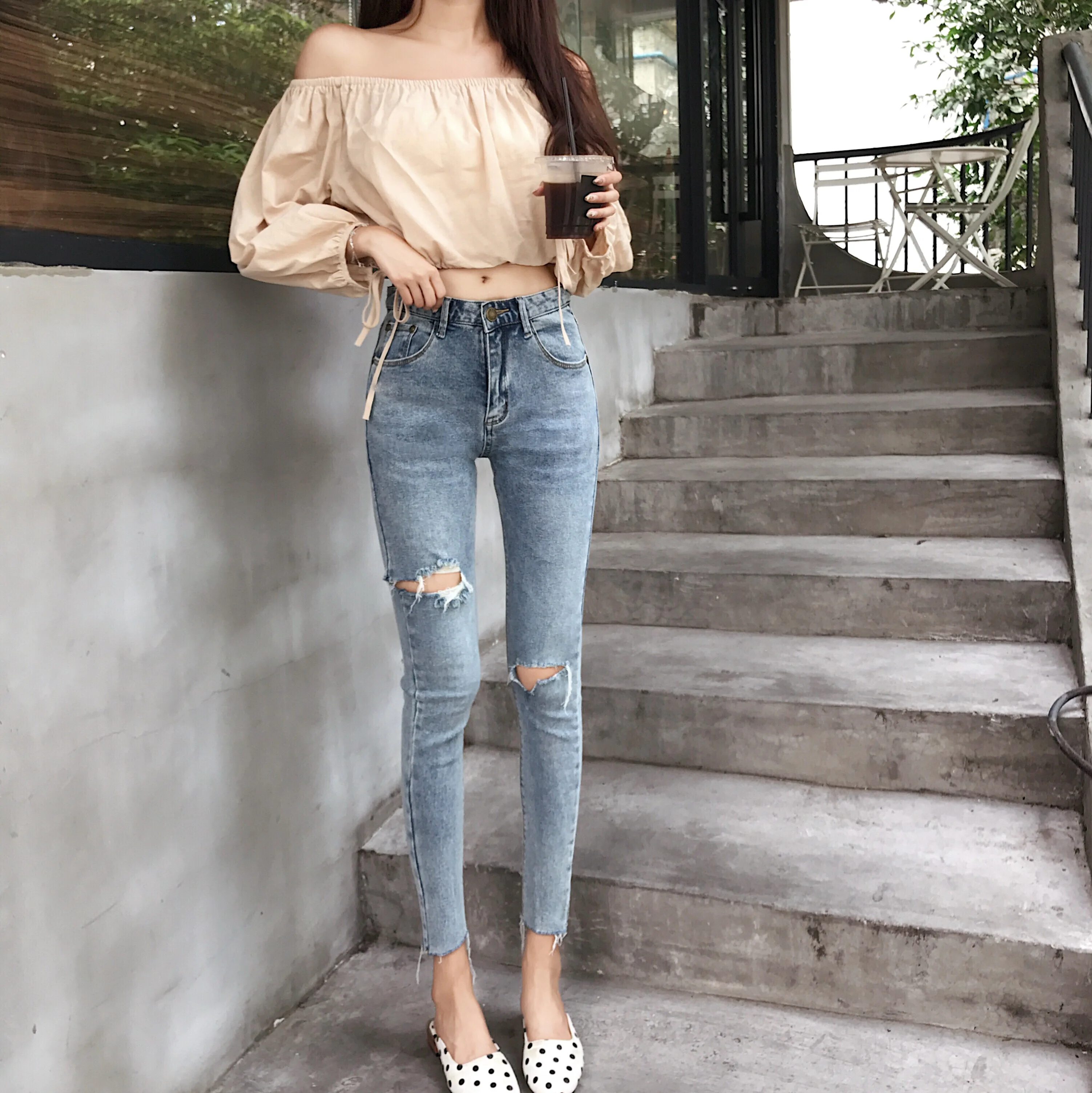 High waist elastic perforated jeans ins feet retro Hong Kong flavor pants tide - Цвет: Синий