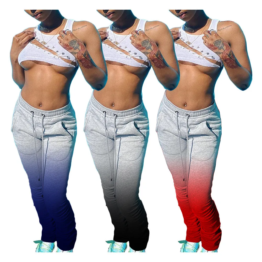 

Stacked Pants Women Gradient Color High Waist Casual Jogger Sweat Pants Fashion Drawstring Plus Size Pants