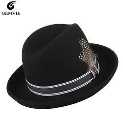 GEMVIE Fedora джазовая шляпа Кепка для Для мужчин Для женщин 100% шерстяного фетра Шапки Перья птиц одноцветное Цвет загнутыми полями Ретро