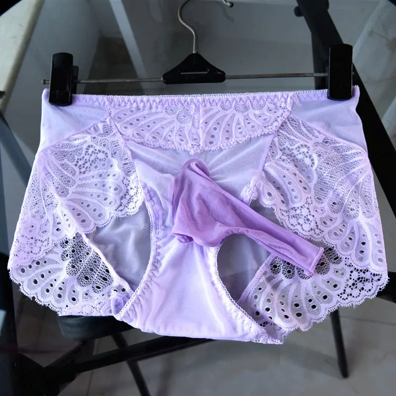 Purple JJ Open Сексуальное мужское кружевное прозрачное u-образное Выпуклое нижнее белье, боксеры с кольцом для петуха, дышащее однотонное Прозрачное нижнее белье, эротическое белье, одежда для геев F10 - Цвет: Purple JJ Open