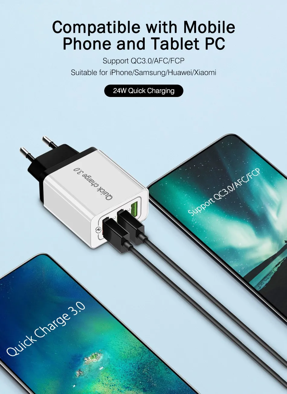 OREY 24 Вт Быстрая зарядка 3,0 быстрое зарядное устройство для samsung S10 3 порта USB зарядное устройство для huawei mate 20 QC 3,0 зарядное устройство адаптер