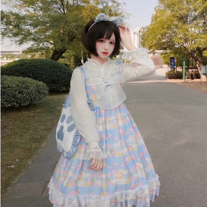 Платье в стиле милой Лолиты; JSK; милое мягкое японское кружевное платье без рукавов на бретелях; сезон осень-зима - Цвет: Sleeveless Blue