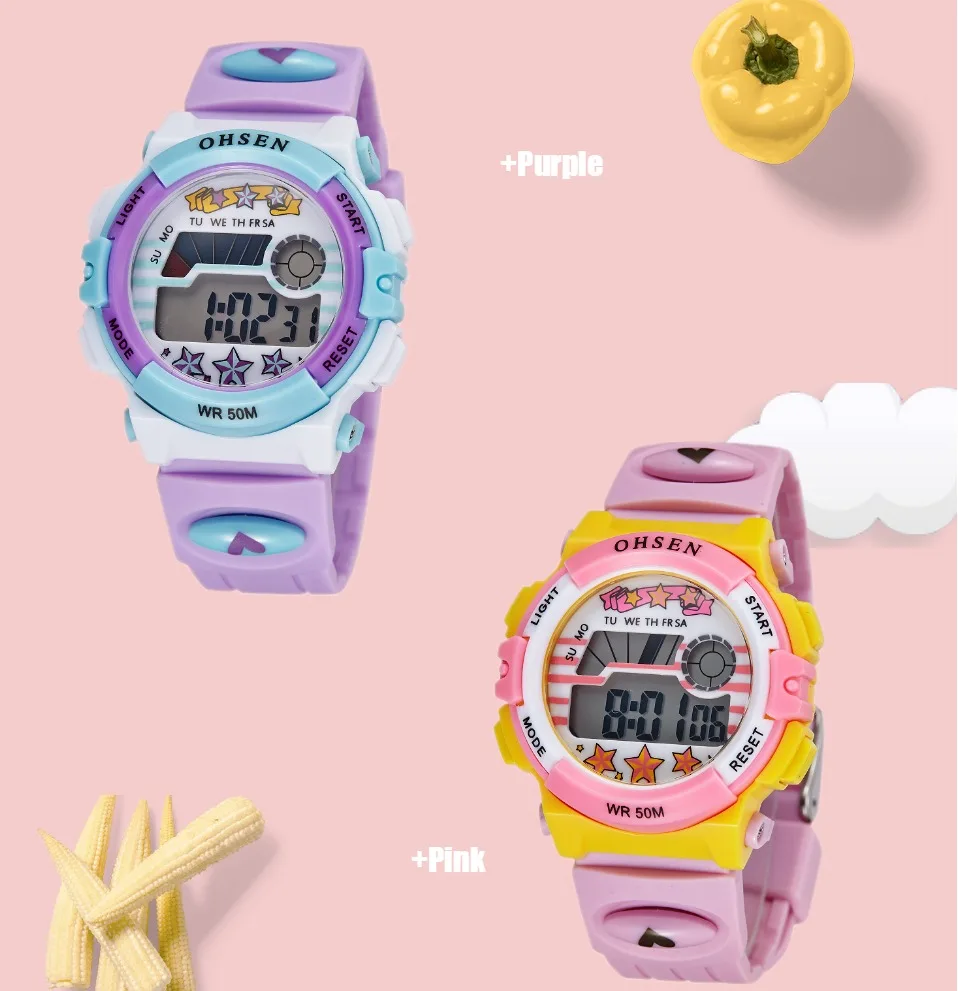 Лидер продаж 2016 Ohsen цифровой бренд кварцевые детские наручные часы для девочек 50 м водонепроницаемый Розовый силиконовый ремешок