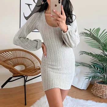 

Open Back Lace Up Ribbed Dress Women O Neck Lantern Sleeve Boycon Dress Stretchy Short Skinny Party Dresses Casual Vestidos