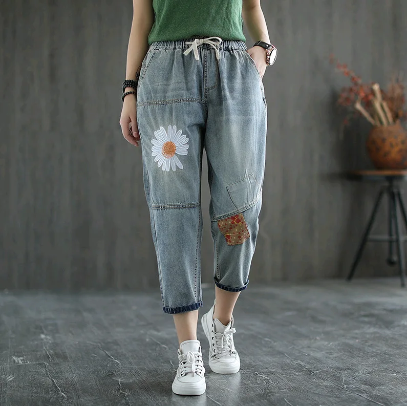 vertaling telescoop verhoging Summer Denim Harem Pants Vintage Embroidery Flower Patch Designs Loose  Spring Autumn Trousers Casual Women Washed Jeans - Jeans - AliExpress