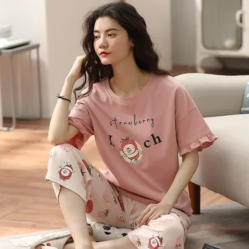 

Pajamas Women's Korean-Style Short-Sleeved Capri-Pants Set High Quality Tight Cotton Thin Cartoon Homewear Set Wholesale