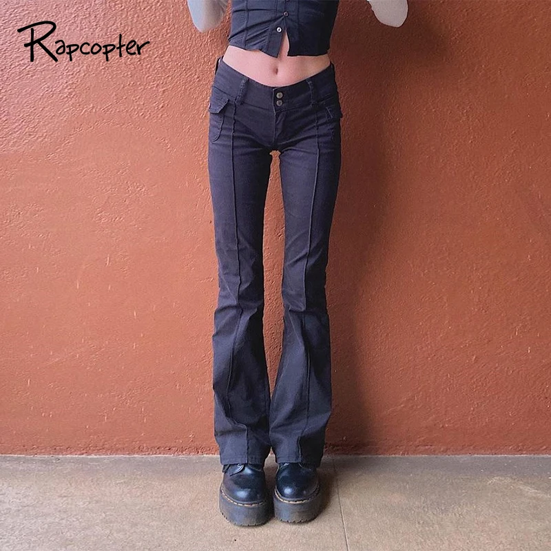 Rapcopter grandes bolsillos pantalones Y2K pantalones clásicos de cintura baja a rayas pantalones de carga casuales Retro negro pantalones las mujeres Harajuku nuevo pantalón
