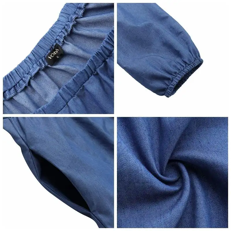 Plus Size Denim Dress Bohemian Women Autumn Long Lantern Sleeve Knee-Length Dress Casual Vestido Off Shoulder Sundress