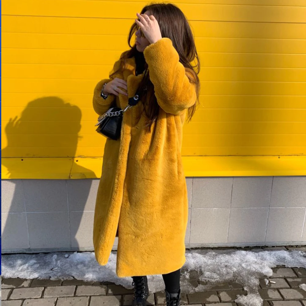 yellow Collar Зимнее женское пальто из искусственного кроличьего меха, Свободное пальто с капюшоном, толстое теплое длинное пальто большого размера, женские плюшевые пальто LJLS127 - Цвет: yellow Collar
