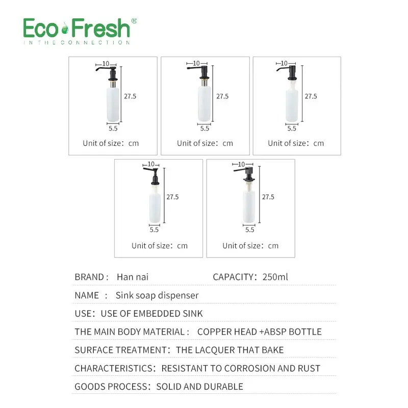 Ecofresh Liquid Soap Dispenser Stainless Steel & Brass Deck Mounted Kitchen Soap Dispensers Black Built in Counter top Dispenser