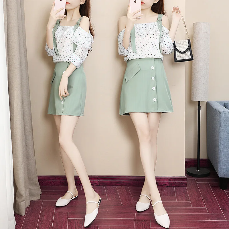

2019 New Style Fashion Set Kong-Style Skirt Hipster Two-Piece Set Polka Dot Tops