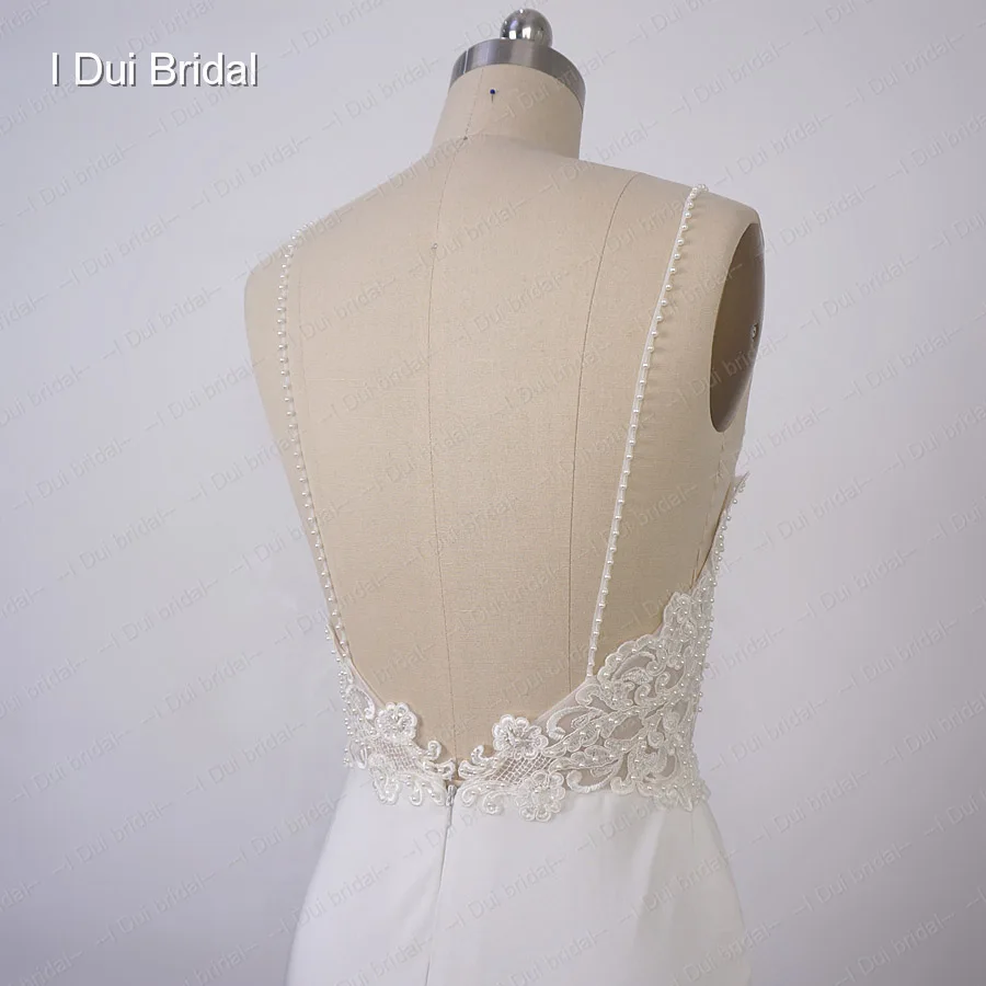 Spaghetti Strap Sheath Wedding Dress Lace Appliqued Pearl Beaded Low Back Crepe Bridal Gown