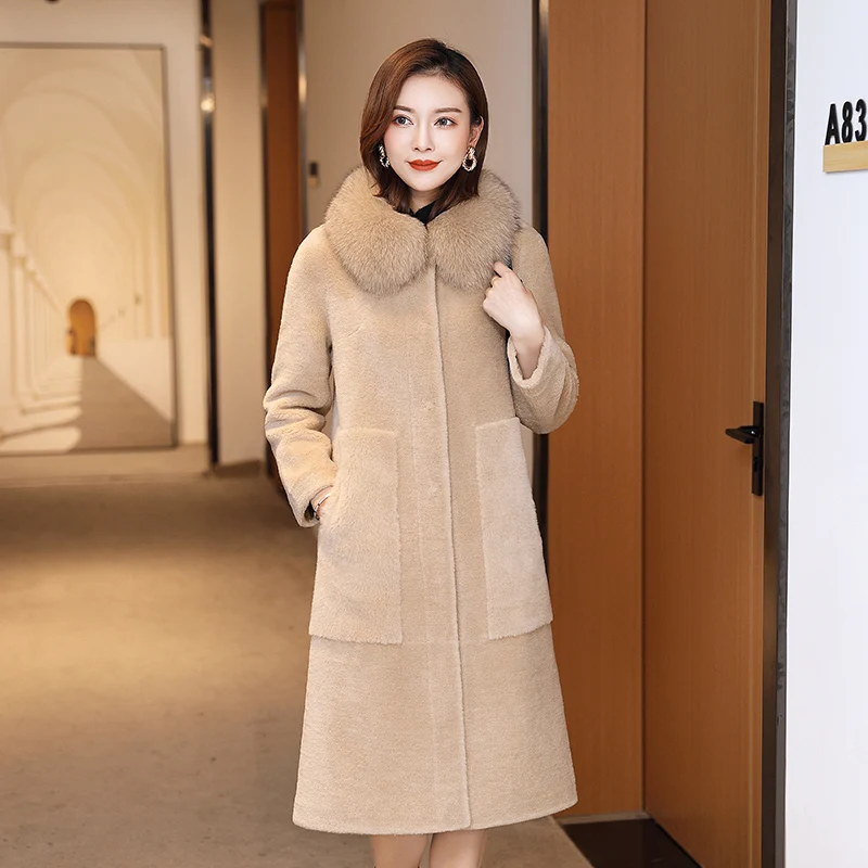 Vintage Long Sheep Shearing Jacket Women Winter Natural Fox Fur Collar Real Fur Coat Female Wool Jackets Fur Top Hiver 9909