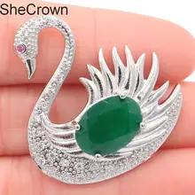 36x30 мм Классический Форма лебедя настоящий зеленый изумруд Турмалин CZ Дамы Подарок серебряная брошь