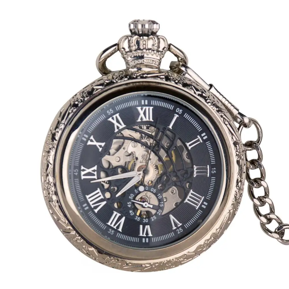 

Skeleton Automatic Mechanical Pocket Watch Retro Black Antique Hand-winding Watch With FOB Chain Clock Unisex for Men Women Gift