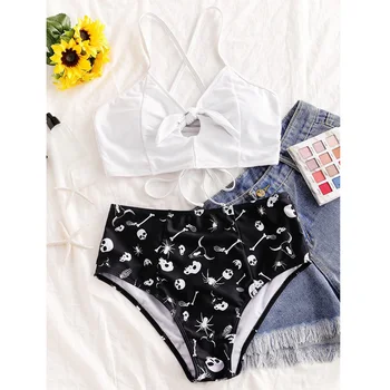 

Women Two Piece Skull Print Bikini Set Retro High Waist Bikinis Skeleton Halter Bathing Suit Beach Swimsuit Swimwear Bodysuit