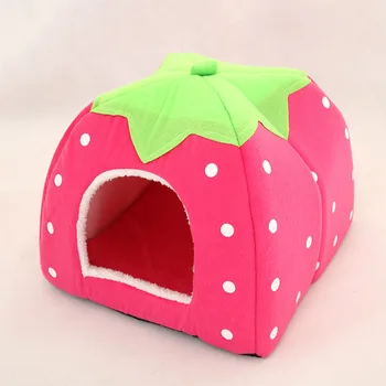 

Soft Breathable Pet Cave House Nonslip Moistureproof Cushion Portable Cute Puppy Home Bed Washable Strawberry Shape