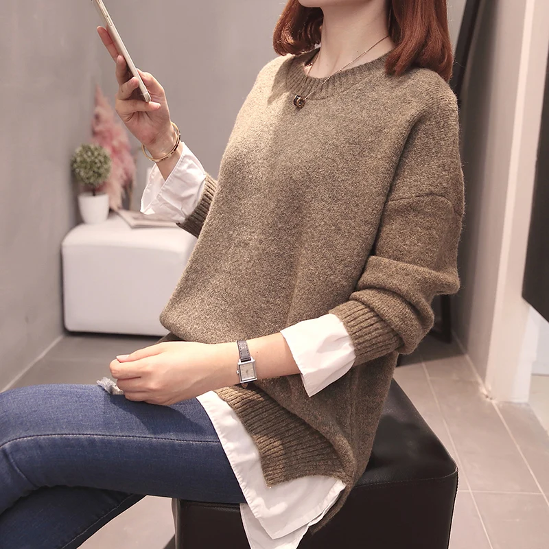 

Plus Size Patchwork Pullovers Sweater Women Autumn Korean Loose Fake Two Piece Knit Tops Oversized Casual Jumpers Streetwear