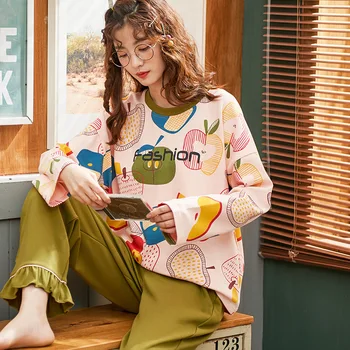 

Autumn Winter Cute Women's pyjamas Cartoon Pajamas Sets Round Neck Cotton Home Wear Comfortable Loungewear Soft Pijama Mujer