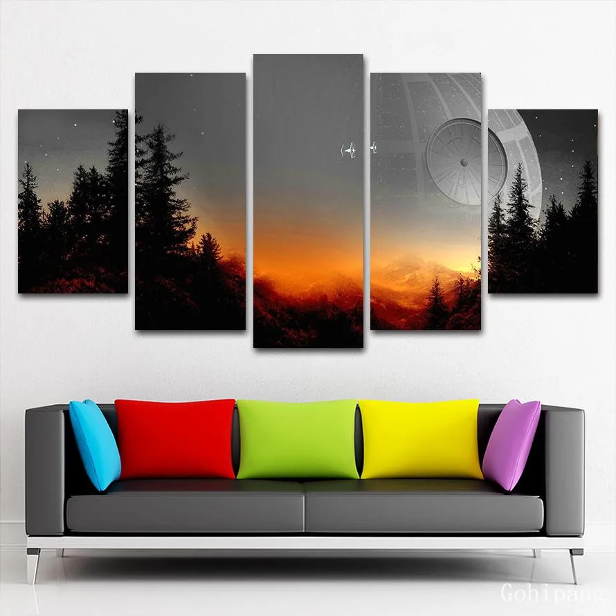 Modular-Canvas-Pictures-Wall-Art-Framed-5-Pieces-Star-Wars-Tree-Death-Star-Painting-Living-Room